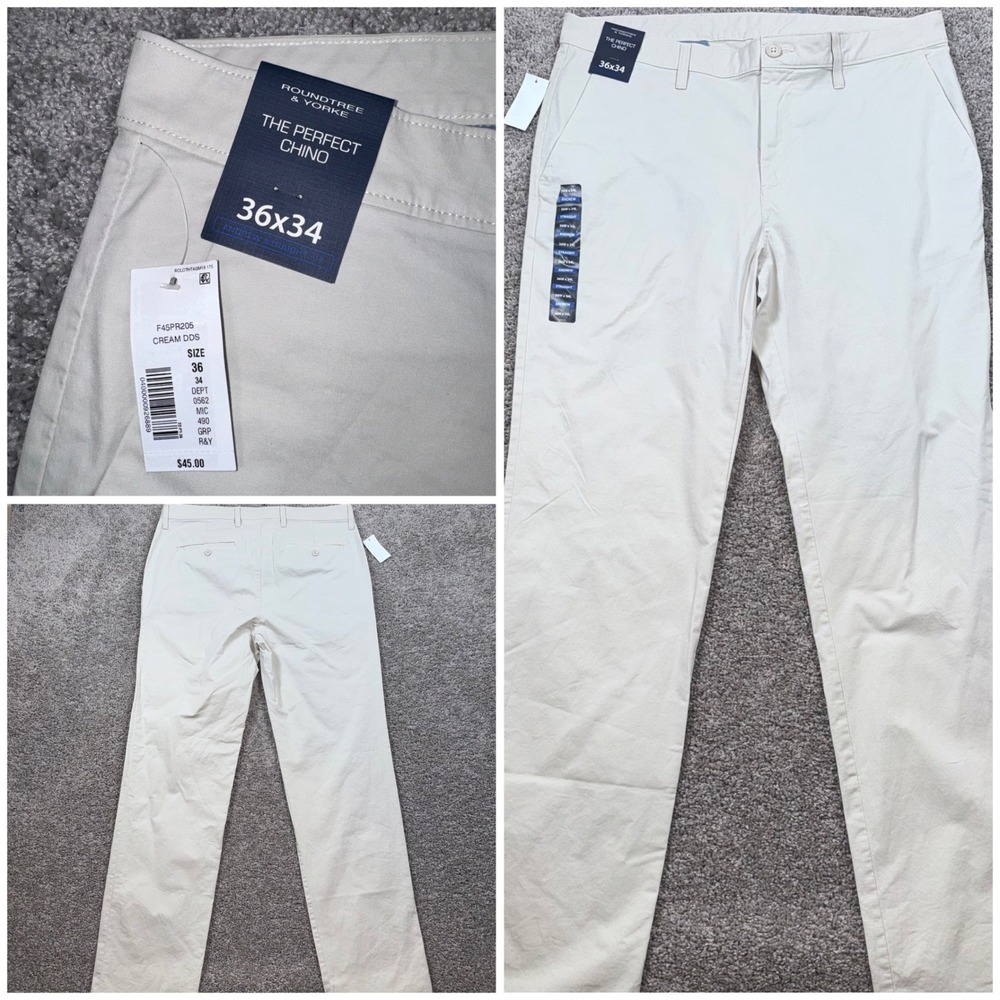 Roundtree & Yorke The Perfect Chino Mens Andrew Straight Stretch Cream 36x34 NEW